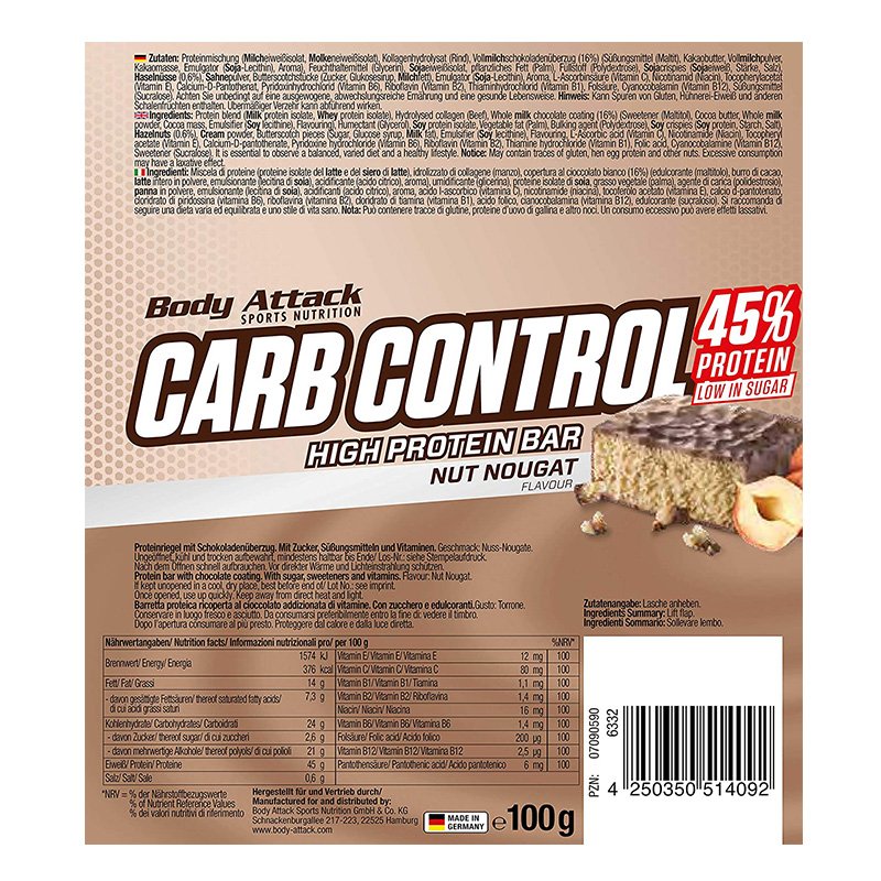 Body Attack Carb Control Protein Bar 100 G 15Pcs - Nut Nougat Best Price in Abu Dhabi