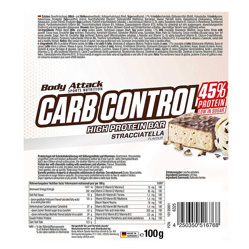 Body Attack Carb Control Protein Bar 100 G 15Pcs - Stracciatella Best Price in Abu Dhabi