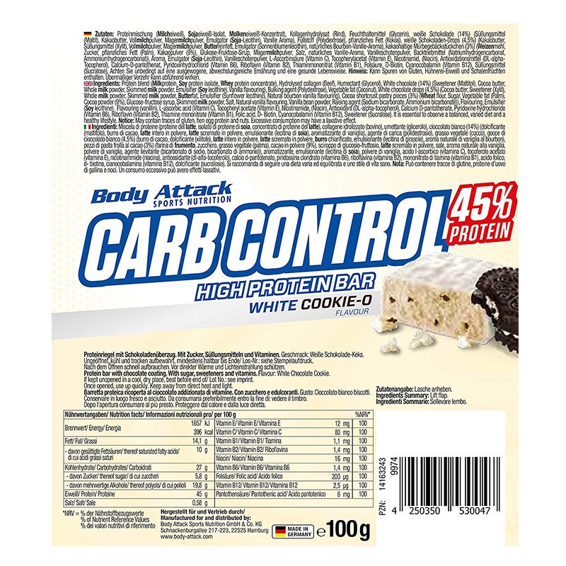 Body Attack Carb Control Protein Bar 100 G 15Pcs - White Cookie Best Price in Dubai