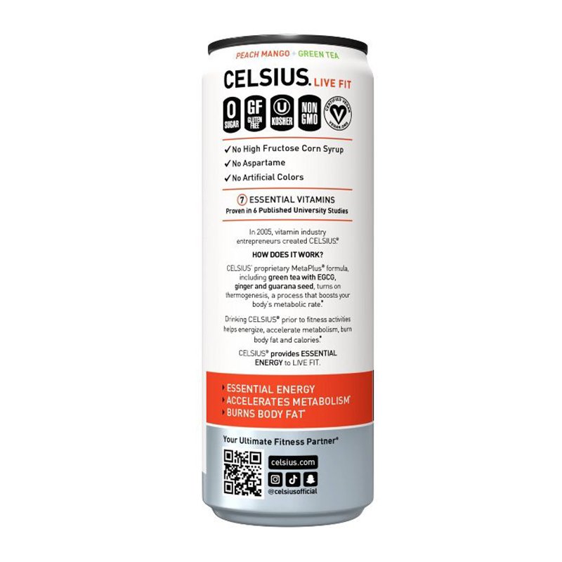 Celsius Live Fit Sparkling Drink 355ml Pack of 12 - Peach Mango Green Tea Best Price in UAE