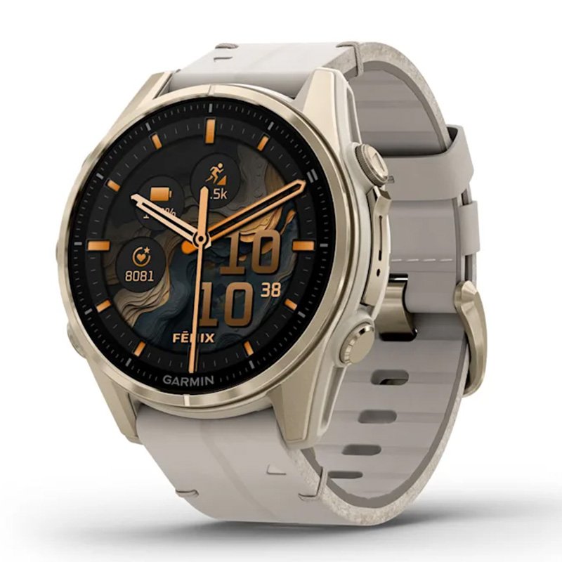 Garmin Fenix 8 – 43 mm Amoled Sapphire Soft Gold Stainless Steel With A Fog Gray Leather Band