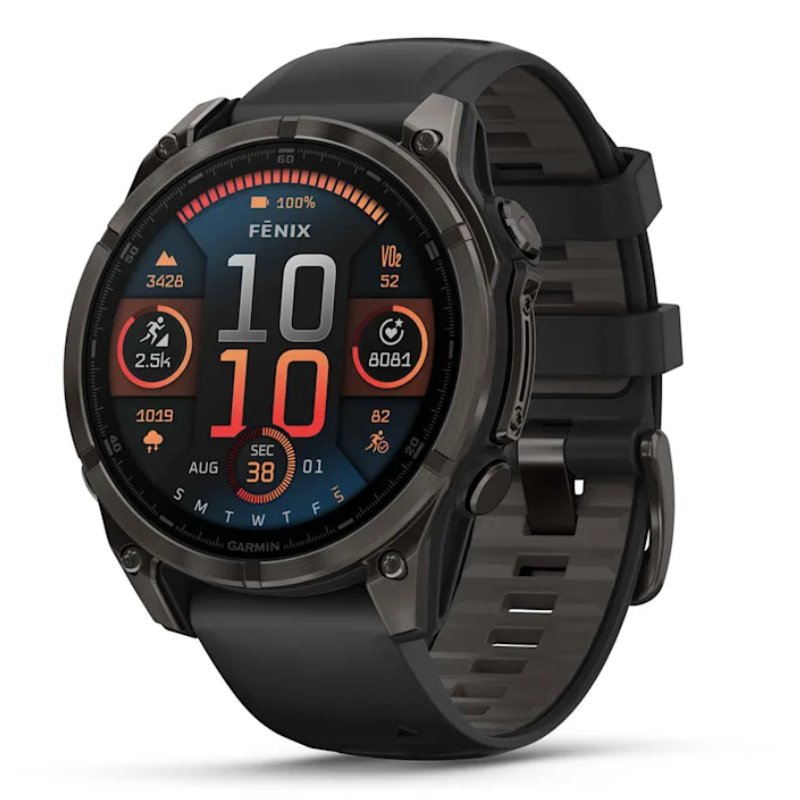 Garmin Fenix 8 – 47 mm Amoled Sapphire Carbon Gray Dlc Titanium With Black/Pebble Gray Silicone Watch