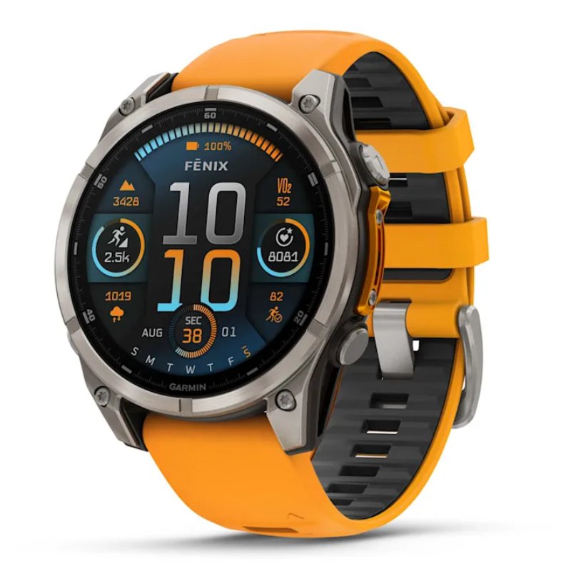 Garmin Fenix 8 – 47 mm Amoled Sapphire Titanium With A Spark Orange/Graphite Silicone Band Watch