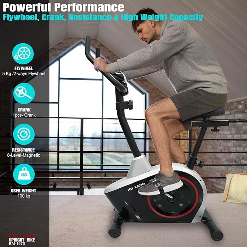 SkyLand Upright Magnetic Exercise Bike – 8 Level Resistance, 5Kg 2-Way Flywheel, Portable for Home Gym - Black & Silver  Best Price in Sharjah