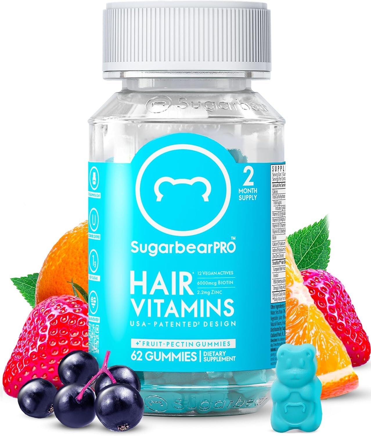 SugarbearPRO Hair Vitamin Vegan Gummies - 2 Months Supply 62 Gummies