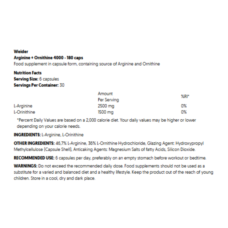 Weider Arginine+Ornithine 4000 180Caps Best Price in Dubai
