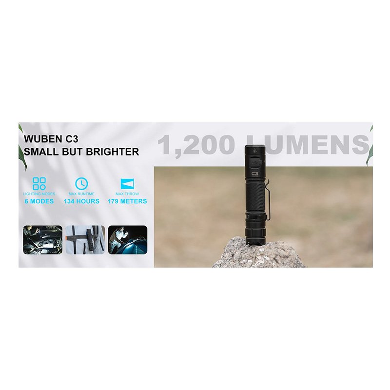 Wuben Light C3 1200 Lumen Compact Flashlight - Black Best Price in UAE